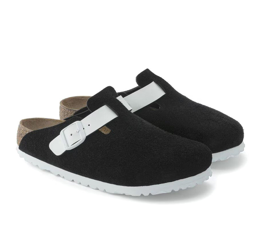 Birkenstock Boston Black Antique Suede White