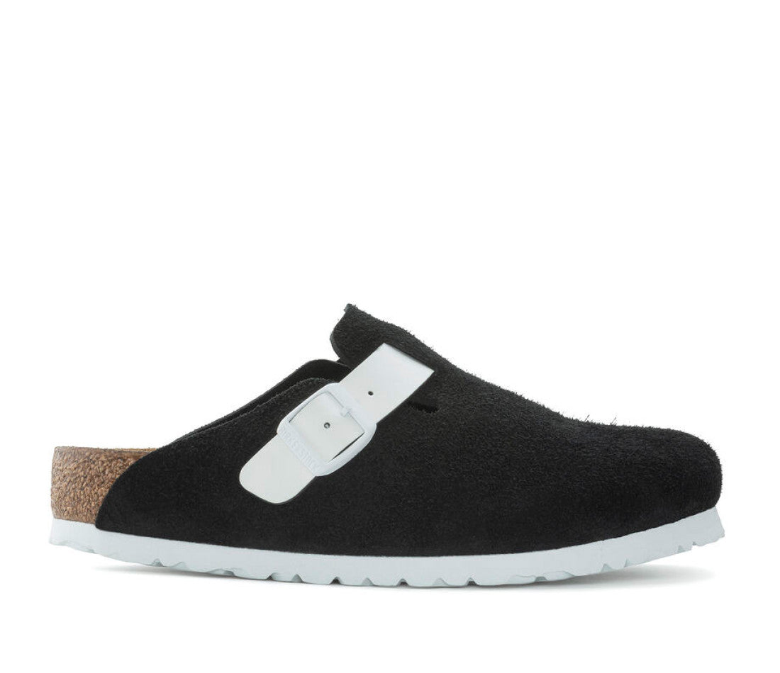 Birkenstock Boston Black Antique Suede White